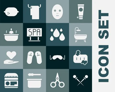 Set Knitting needles, Bar of soap with foam, Bathtub, Facial cosmetic mask, Spa イラスト素材