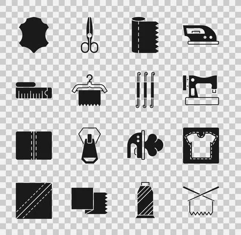 Set Knitting needles, Sewing pattern, machine, Textile fabric roll, Hanger Illustrazione stock