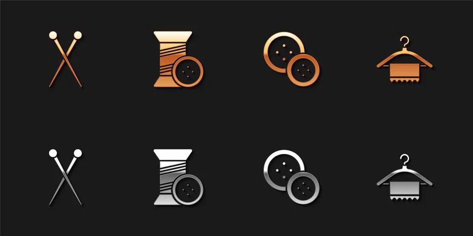 Set Knitting needles, Sewing thread and button, and Hanger wardrobe icon. Vector Stock Illustration