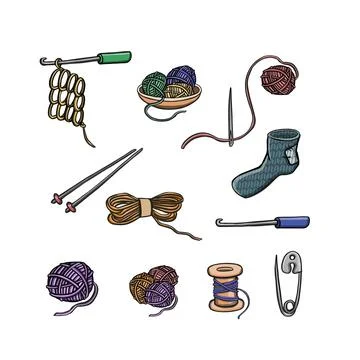 Set of knitting, needlework hobby sewing illustration vector Stock Illustration