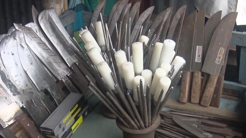 Set of Knives with White Handles, Close-up View Stock Footage 319958640