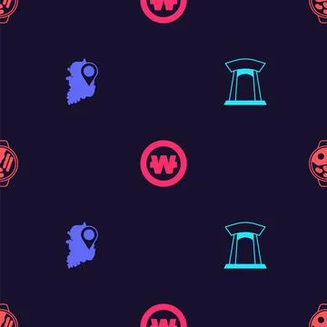 Set Korean gate, South map, won coin and Ramen on seamless pattern. Vector Illustrazione stock