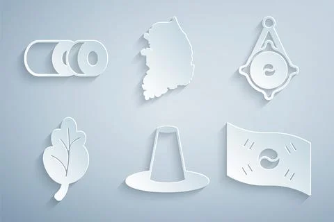Set Korean hat, lantern, Kimchi, South flag, map and Sushi icon. Vector Illustrazione stock
