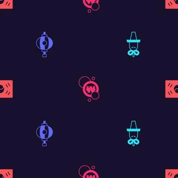 Set Korean hat, lantern, South won coin and flag on seamless pattern. Vector Stock Illustration