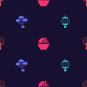 Set Korean lantern, Bonsai tree, Ramen and hand fan on seamless pattern. Vect Stock Illustration