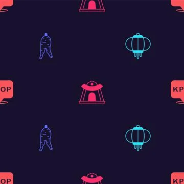 Set Korean lantern, Ginseng root, temple and K-pop on seamless pattern. Vecto Stock Illustration