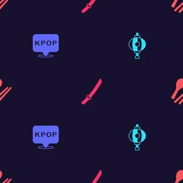 Set Korean lantern, K-pop, Katana and Food chopsticks on seamless pattern. .. Stock Illustration