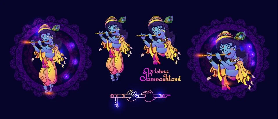 Set of Krishna Janmashtami elements for greeting card. Vector Stock Illustration