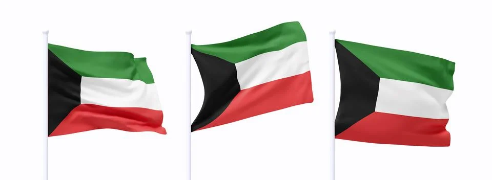 Set of Kuwait waving flag on flagpole. Realistic 3d design flag flies on the  Stock Illustration
