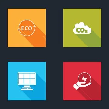 Set Label for eco healthy food, CO2 emissions in cloud, Solar energy panel and Stock Illustration