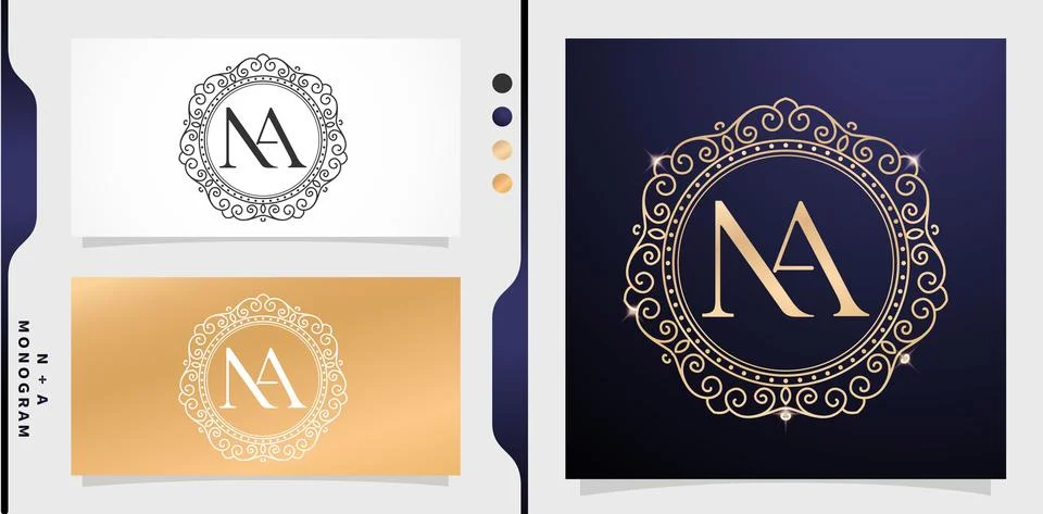 Set of label initial NA letter, Circle gold frame Illustrazione stock