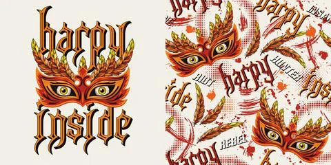 Set of label, pattern with scary masquerade mask, feathers, yellow eyes, text Stock Illustration