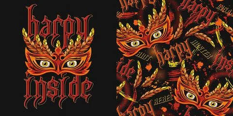 Set of label, pattern with scary masquerade mask, feathers, yellow eyes, text Stock Illustration