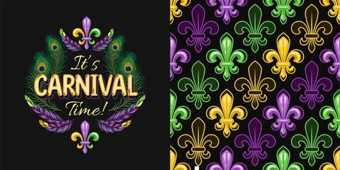 Set of label, seamless geometric pattern for Mardi gras carnival decoration. Stock Illustration