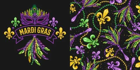 Set of label, seamless pattern for Mardi gras carnival decoration. Stock Illustration