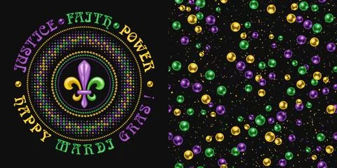 Set of label, seamless pattern for Mardi gras carnival decoration. Stock Illustration