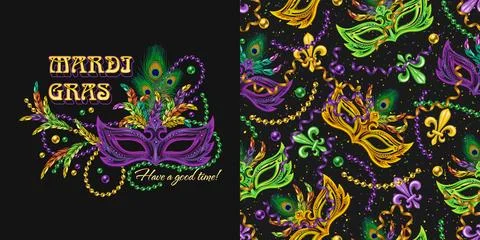 Set of label, seamless pattern for Mardi gras carnival decoration. Illustrazione stock