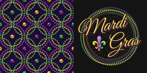 Set of label, seamless pattern for Mardi gras carnival decoration. Stock Illustration