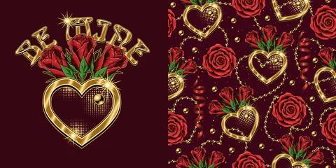 Set of label, seamless pattern for wedding, engagement event, Valentines Day Stock Illustration