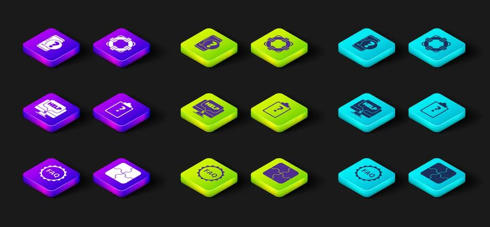 Set Label with text FAQ, Piece of puzzle, Computer monitor and help, Clipboard Illustrazione stock