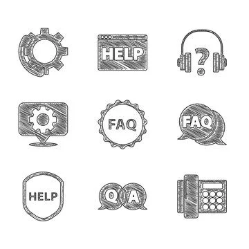 Set Label with text FAQ, Question and Answer, Telephone, Speech bubble, Shield Stock Illustration
