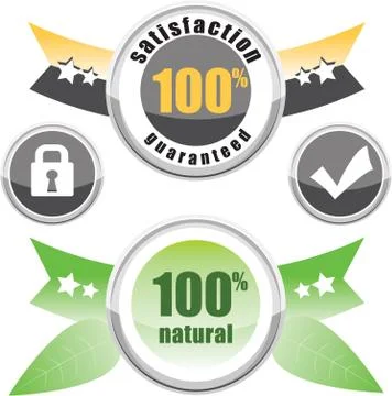 Set labels, 100% natural, satisfaction guaranteed, buttons lock and check Stock Illustration