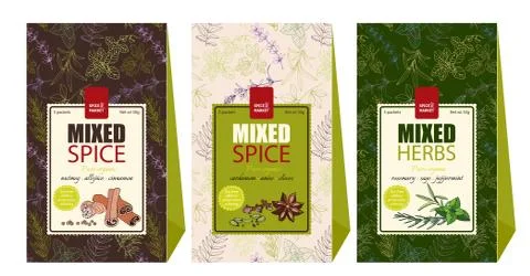 Set labels and packaging design for food, spices and herbs. Stock Illustration