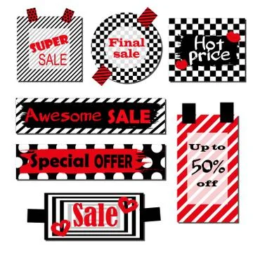 Set of labels with black and white background  red elements.Bright design for Stock Illustration