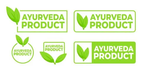 Set of labels featuring the text Ayurveda Product with a herbal leaf symbol Stock-Illustration