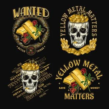 Set of labels with gold ingots, human skull Stock Illustration
