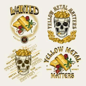 Set of labels with gold ingots, human skull Stock Illustration