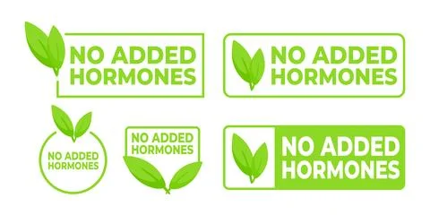 Set of labels in green with a leaf symbol declaring No Added Hormones, ideal for イラスト素材