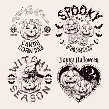 Set of labels with Halloween objects, symbols Stock Illustration