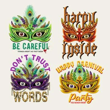 Set of labels with masquerade mask, feathers, staring eyes behind, text. Stock Illustration