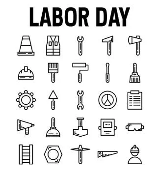 Set of Labor Day Worker Miner Black Vector Line Icons. Contains such as Worke Stock Illustration