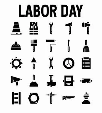 Set of Labor Day Worker Miner Black Vector Glyph Icons. Contains such as Work Stock Illustration