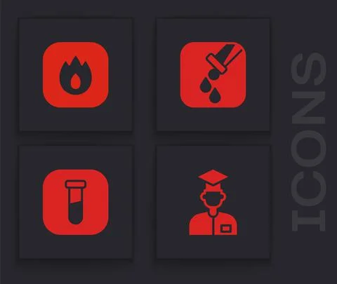Set Laboratory assistant, Fire flame, Test tube and flask and icon. Vector Ilustración de archivo