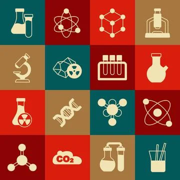 Set Laboratory glassware, Atom, Test tube, Molecule, Radioactive, Microscope, Illustrazione stock