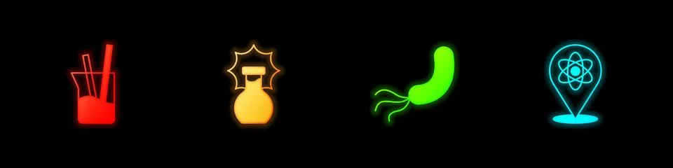 Set Laboratory glassware, Explosion in the flask, Bacteria and Atom icon. V.. Stockillustratie