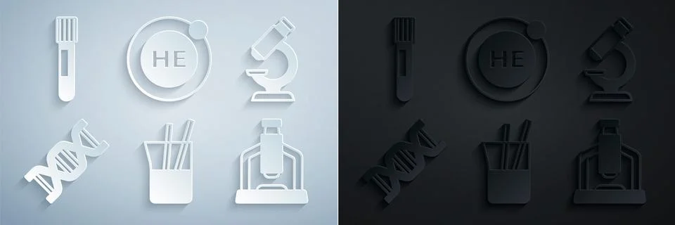 Set Laboratory glassware, Microscope, DNA symbol, Helium and Test tube icon 库存插图