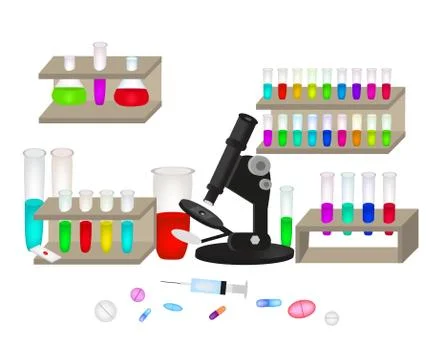 Set for the laboratory. Microscope. Multicolored tubes, flasks, tablets. Syringe Stock Illustration