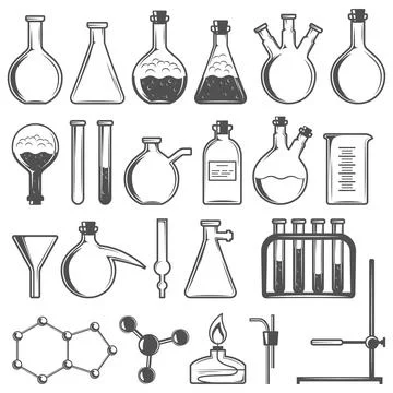 Set of laboratory research elements with flasks, tubes and molecular structur Illustrazione stock