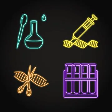 Set of laboratory research tools concept neon icons Stock Illustration
