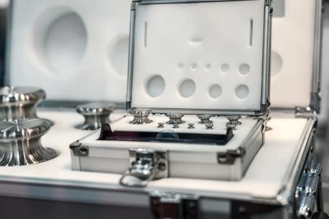 A set of laboratory weights. High-precision weights for standard weight Stock Photos