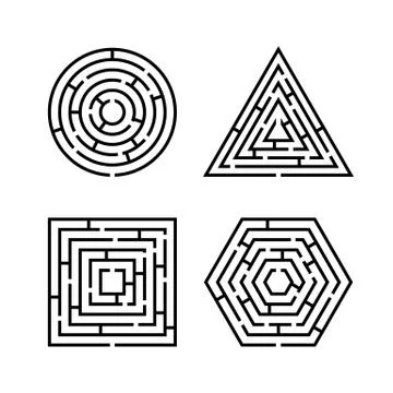 Set of Labyrinth Different Shapes for Game. Maze square, round, hexagon and t Illustrazione stock