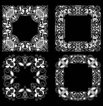 A set of lace square frames in art deco style, white drawing on black backgro Stock Illustration