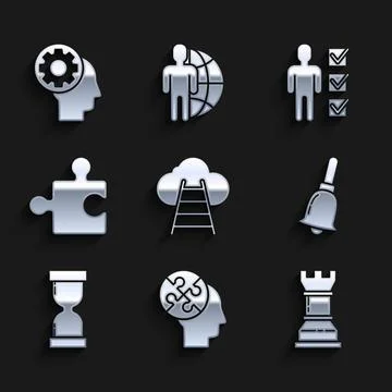 Set Ladder leading to cloud, Human head puzzles strategy, Business, Ringing bell Illustrazione stock