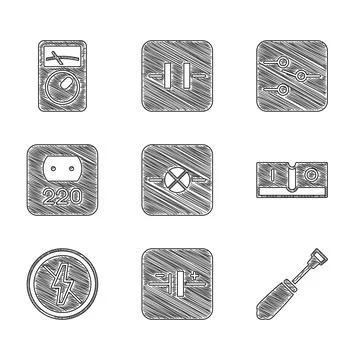 Set Lamp in electronic circuit, DC voltage source, Screwdriver, Electric light Illustrazione stock