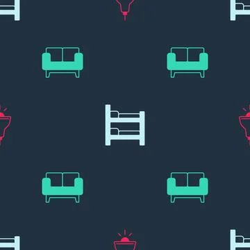 Set Lamp hanging, Bunk bed and Sofa on seamless pattern. Vector Illustrazione stock