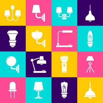 Set Lamp hanging, Floor lamp, Light bulb, Wall sconce, LED light, Chandelie.. Stock Illustration